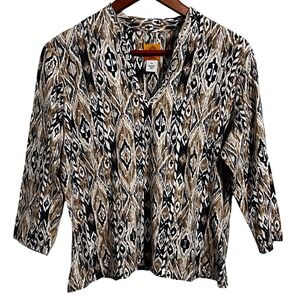 Ruby Rd Petite Blouse Black and Brown‎ Patterns Neckline Embellishments Size PL